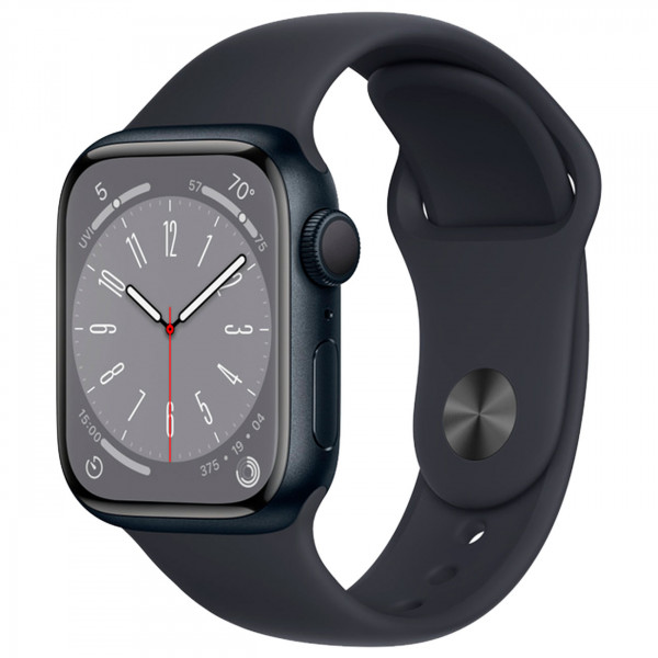 Apple Watch Series 8, 45 мм, алюминий цвета «тёмная ночь», спортивный ремешок «тёмная ночь»