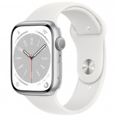 Apple Watch Series 8, 45 мм, алюминий серебристого цвета, спортивный ремешок белого цвета