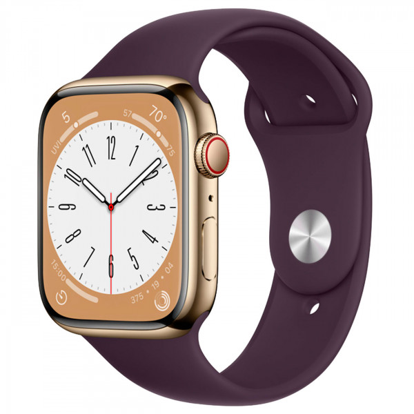 Apple Watch Series 8, 41 мм, нержавеющая сталь золотого цвета, спортивный ремешок «темно-фиолетовый»