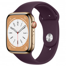 Apple Watch Series 8, 45 мм, нержавеющая сталь золотого цвета, спортивный ремешок «темно-фиолетовый»