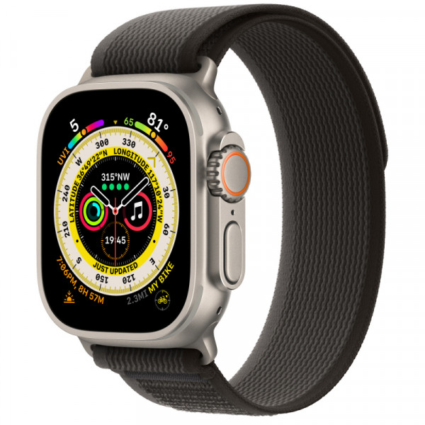 Apple Watch Ultra, 49 мм, титановый корпус, спортивный ремешок черно-серого цвета