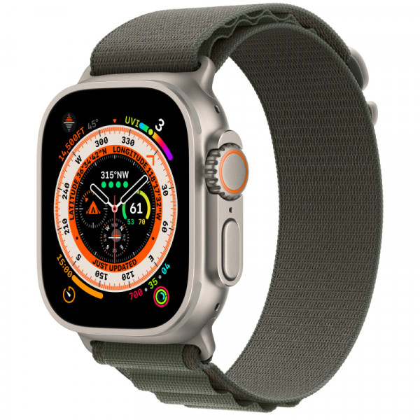 Apple Watch Ultra, 49 мм, титановый корпус, спортивный ремешок зеленого цвета